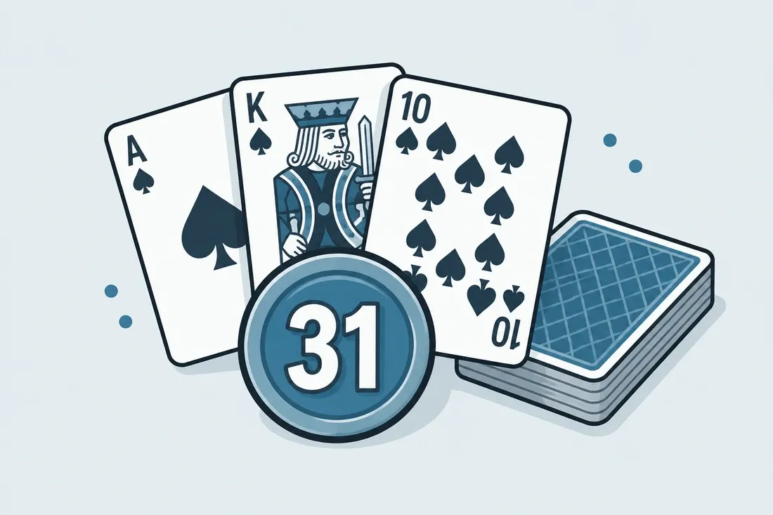 Kortspel 31 med kort och marker märkt 31